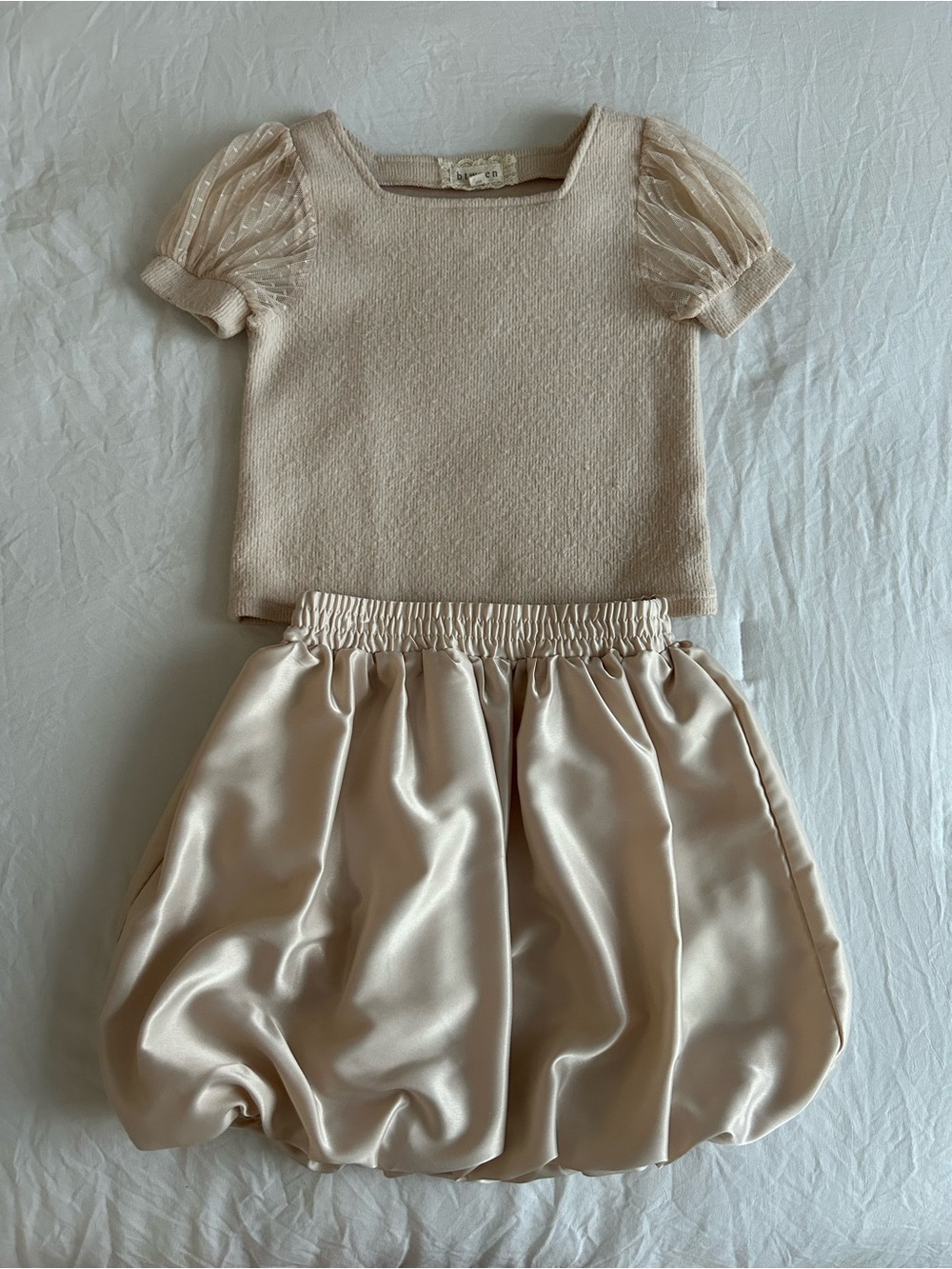 btween Cream Girls Matching Top and Satin Bubble Skirt